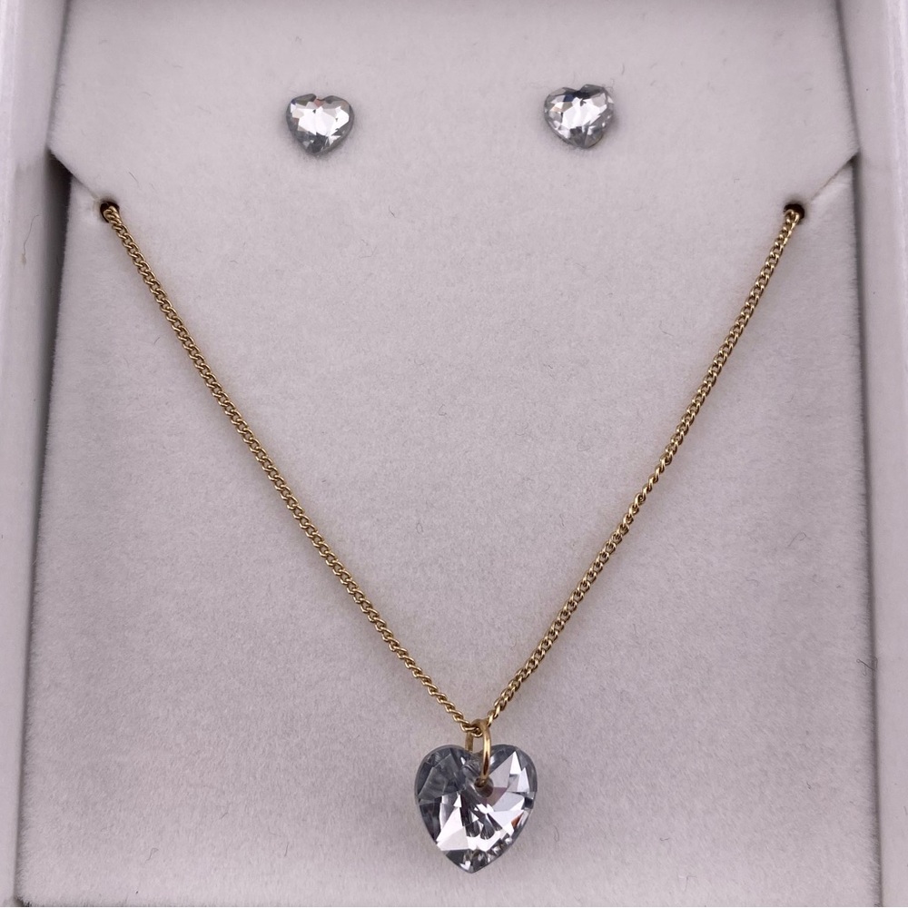 Gold Tone and Crystal Heart Necklace and Earring Set